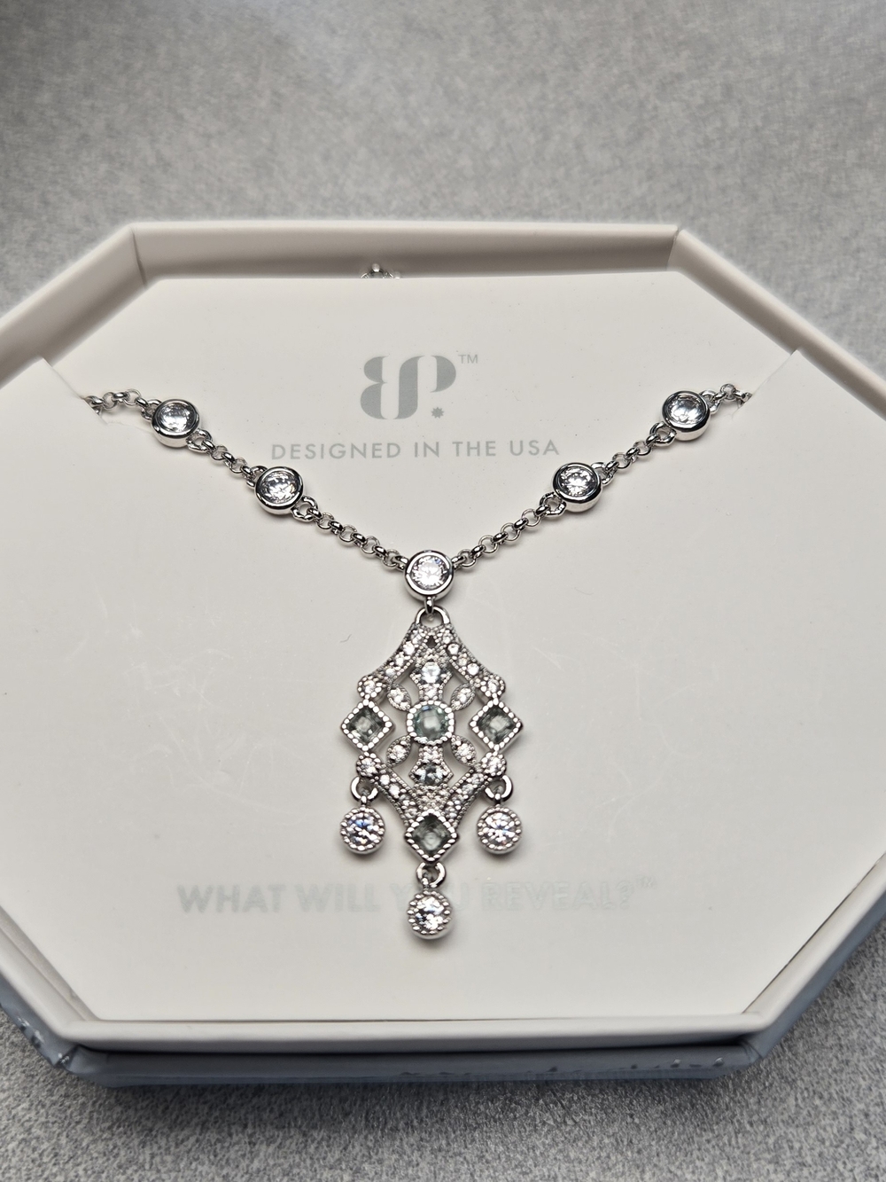 Gilded Heirloom Mint Tourmaline Rhodium Plated BombParty Necklace 18"+2.5" Ext